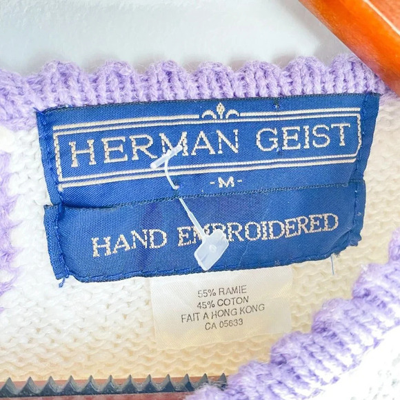 Vintage Herman Geist White Cotton Floral Embroidered Short Sleeve Knit Top  M - Picture 3 of 5